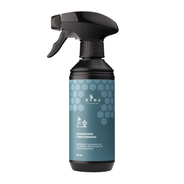 DYNA Cleaning badkamercoating 300 ml, anti-kalk en anti-vuil beschermingsspray, zwart met blauwe details.